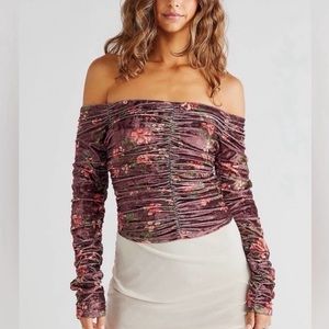 Free People Reina Floral Velvet Brown Ruched Off Shoulder Top NEW